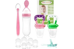 WAJIAYON Baby Fruit Feeder Pacifier - 5 Pack | 2 Baby Fruit Food Feeder Pacifier & 1 Baby Food Dispensing Spoon | Fresh Fruit Teethers for Babies | Silicone Feeder Baby,Mesh Baby Feeder (Pink & Green)