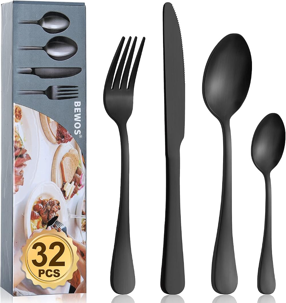BEWOS 32pc Matte Black Flatware Set Service for 8 Stainless Steel