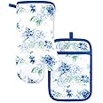 Martha Stewart Amber Floral Oven Mitt & Pot Holder Set 2-Pack, Blue/Green, OM: 7"x13" & PH: 7"x10"