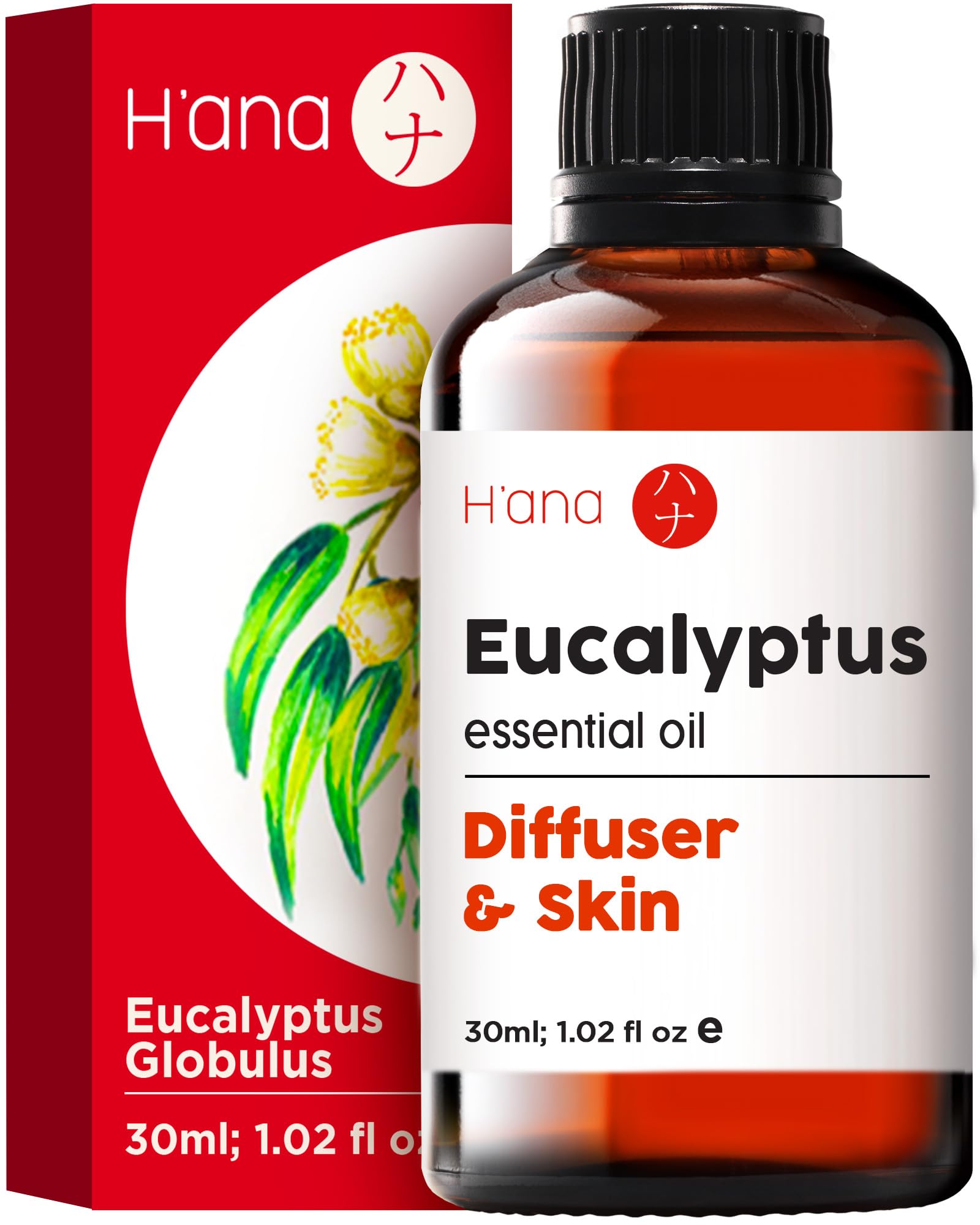 H'ana Eucalyptus Essential Oil - 100% Pure Eucalyptus Oil for Diffuser, Skin, Humidifier, Sinus, and Hair - with an Invigorating Scent (30ml)