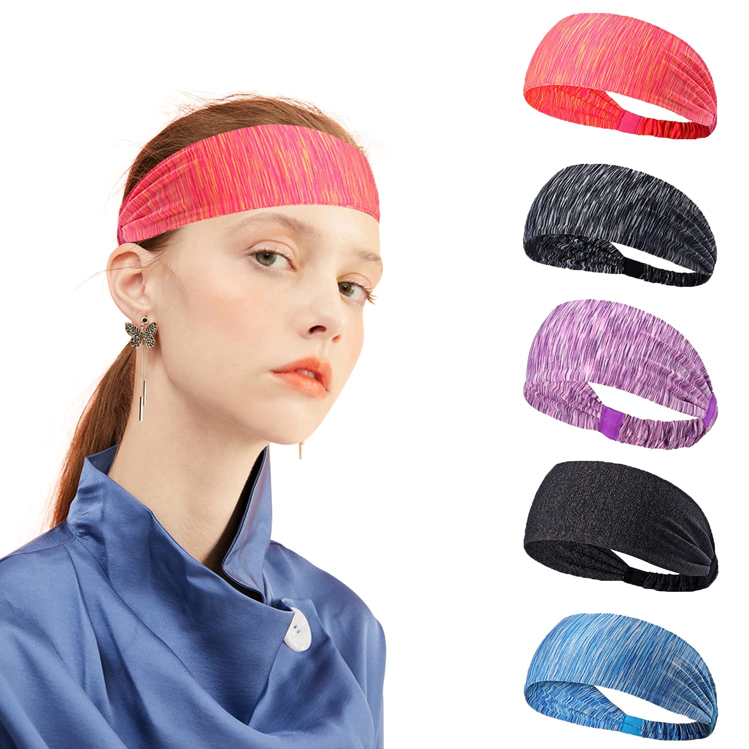 TopBine Yoga Sports Headband, 5 Pcs Sweat Bands, Headbands for Women's Hair, Non Slip Lightweight Soft Elastic Hairband for Running, Cycling, Travel, Gym, Pilates