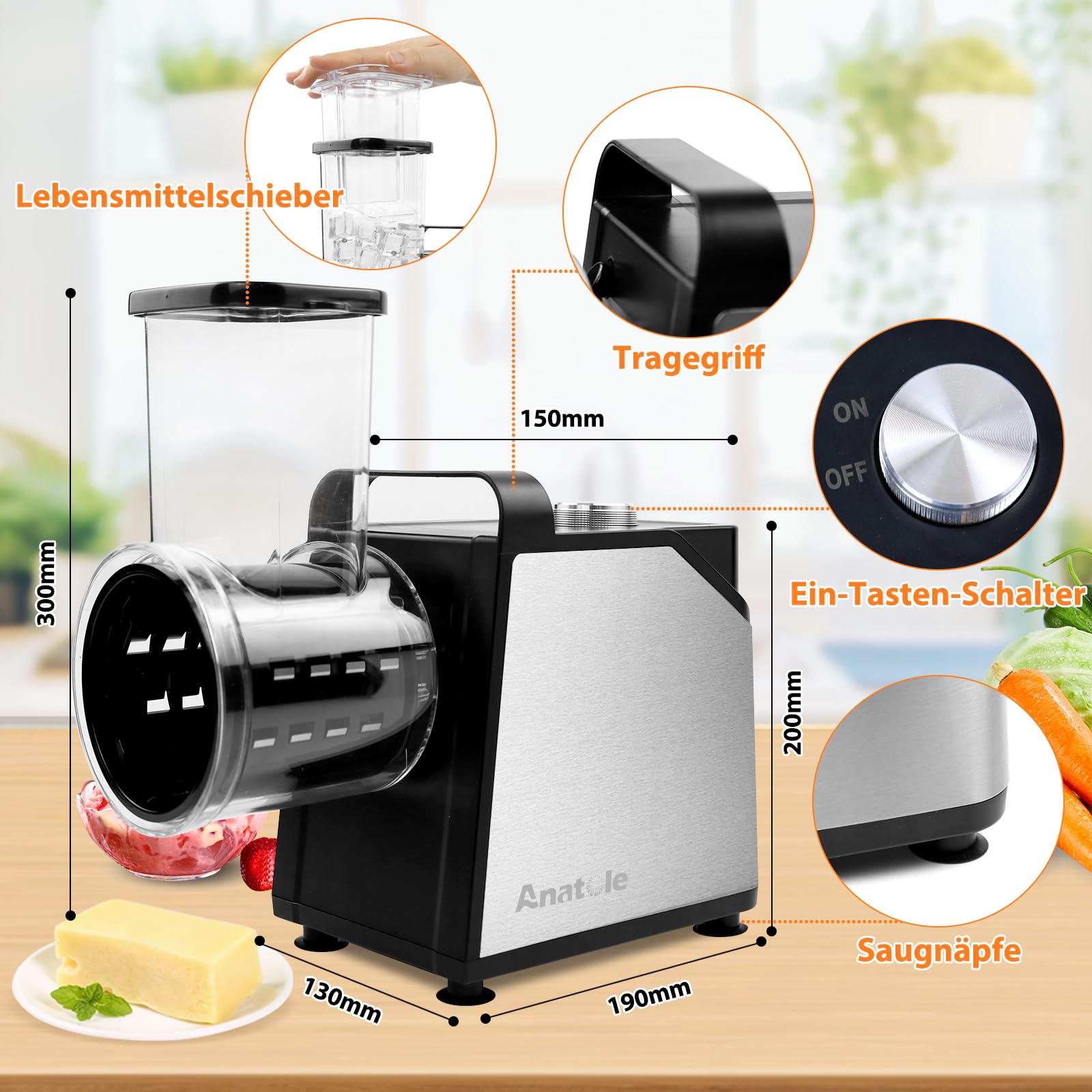 Anatole Gemüseschneider Elektrisch Ice Crusher 7 Klingen Gemüsehobel Eisrasierer Edelstahl 250W Großkaliber Käsereibe Multifunktional 220V EU-Stecker 5