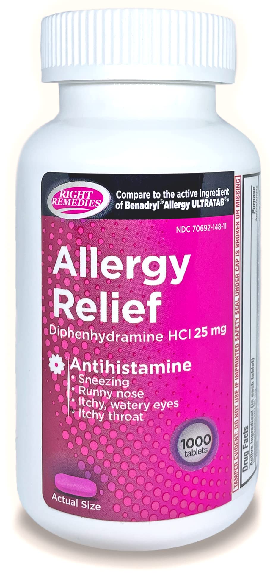 Allergy Relief Antihistamine, Diphenhydramine HCl 25mg, Generic Benadryl Ultratabs, Relieves Seasonal Indoor or Outdoor Upper Respiratory Allergies, 1000 Count