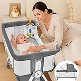 Madewell Living 4-in-1 Baby Bassinets Bedside Sleeper, Bedside Bassinet with Wheels, 6-Height Adjustable Bassinet with Soft Mattress, Mosquito Net, Soothing Toy for Newborns & Infants(Grey)