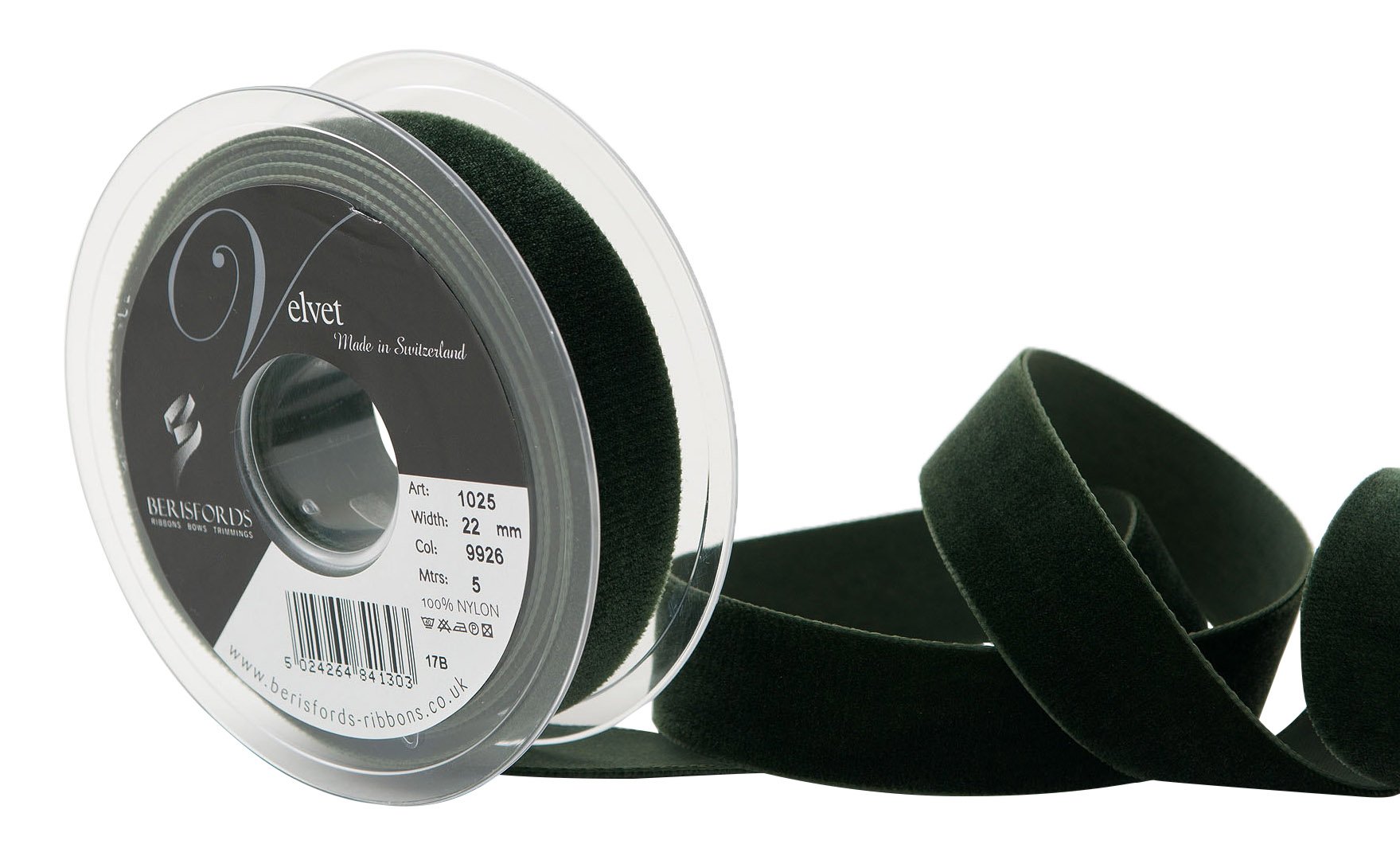 Berisfords Velvet Ribbon, Olive, 10.2 x 3 x 10.2 cm