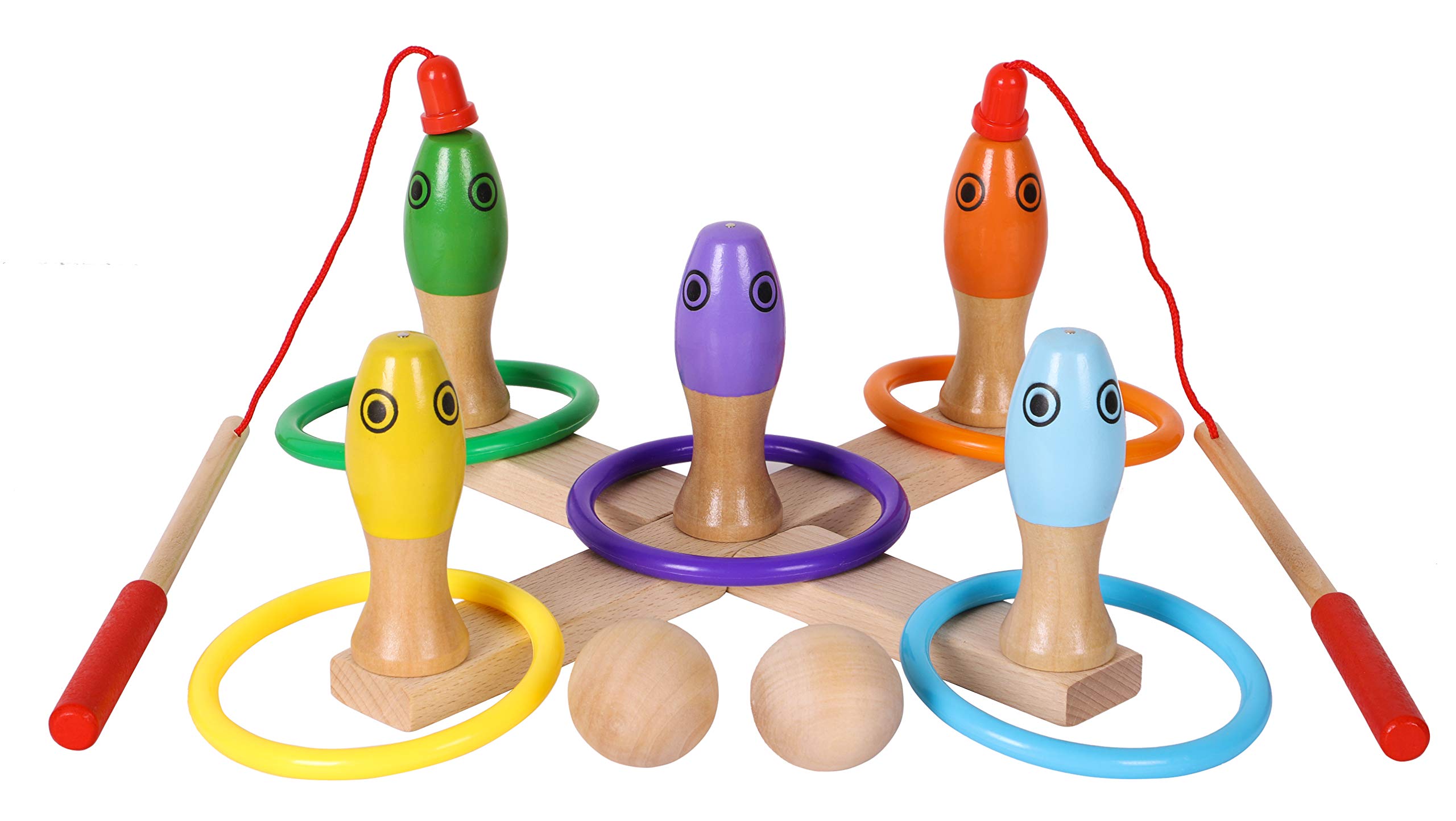 TOWO Wooden Skittles Kids Bowling Game - Magnetic Fishing and Quoits Ring Toss Game 3 in 1 - Activity Wooden Toys for 3 year old