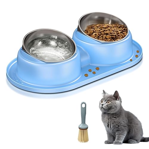 Cat Bowls 2 Stainless Steel Bowl for Pet Dog Water and Food Feeder with Non Spill Skid Resistant Silicone Mat,Tilted Bowls Elevated Anti Vomiting, Non-Slip Base, Ant Proof Food & Water.Blue