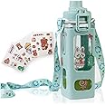 Kawaii Water Bottle for Kids Cute Water Bottles with Straw Portable Square Drinking Bottle, Leakproof Water Jug for Girls, 24 oz (Green-700ml)