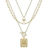 MJartoria Layered Necklaces for Women Trendy, 14K Gold Plated Brass Simple Star Choker Square Birth Flower Necklace, Paperclip Chain Necklaces Jewelry Gifts