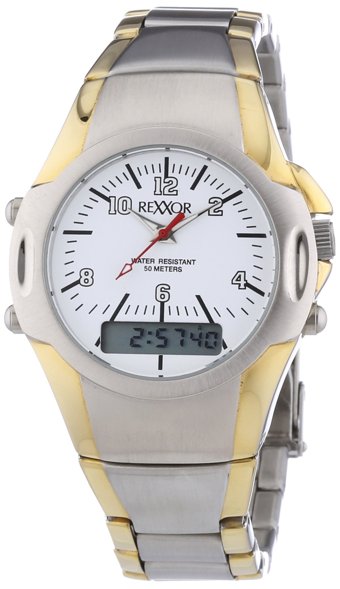 Rexxor Men's Quartz Wristwatch Analog XL with White Dial and Digital Stainless Steel Bracelet 242-8900-18