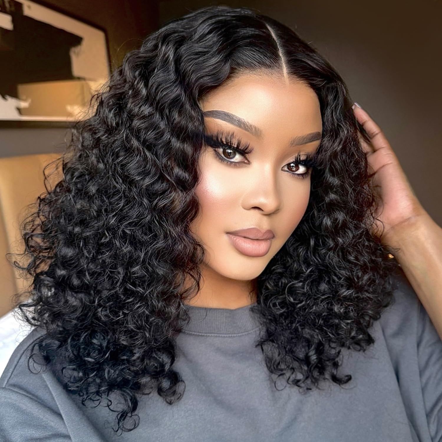 Photo 1 of MIRTHFUL 16 Inch Bob Wig Human Hair Water Wave Wear and Go Glueless Wigs Pre Plucked Pre Cut 200 Density 4x4 Lace Front Closure Wigs for Black Women