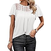 Dokotoo Womens Ladies Casual Summer Tops 2026 Fashion Short Ruffle Sleeve Shirts Crewneck Solid Color Lace Crochet Loose Fit Casual Blouse T Shirts for Women Tee Tunic Tops White L