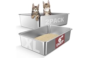 ADYOOM 2 Pack Deep & Extra Large Stainless Steel Cat Litter Boxes, High Sides Metal Cat Litter Box for Multi-Cats Big Cats XL Metal Litter Pan Tray, Non-Sticky, Easy Cleaning, 23.6" L x 16" Wx 6" H