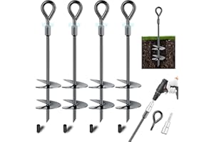 AVOFOREST 4 Pack Ground Anchors Screw in Tent Stakes Heavy Duty Set with Power Nut Driver,Spiral Earth Anchors for Camping Tent, Trampoline，Swing Set, Canopy，Carports, Sheds（B