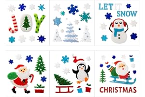HOHUCRAB 6 Sheet Christmas Window Clings Gel,Snowman, Penguin, Christmas Tree, Santa Claus, Blue Snowflakes Reusable Window Christmas Decorations