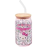 Silver Buffalo Sanrio Hello Kitty Neon Fruits Rainbows and Hearts Pattern Glass Jar Tumbler with Bamboo Lid and Glass Straw, 16 Ounces