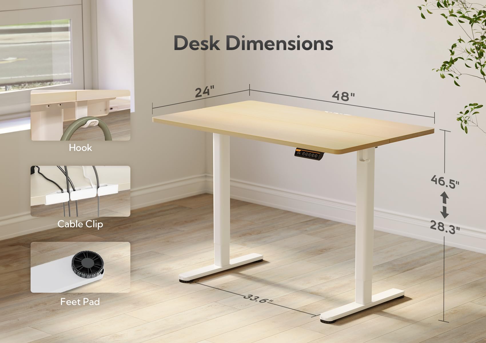 Claiks Electric Standing Desk, Adjustable Height Stand up Desk, 48x24 Inches Sit Stand Home Office Desk with Splice Board, White Frame/Nature Top