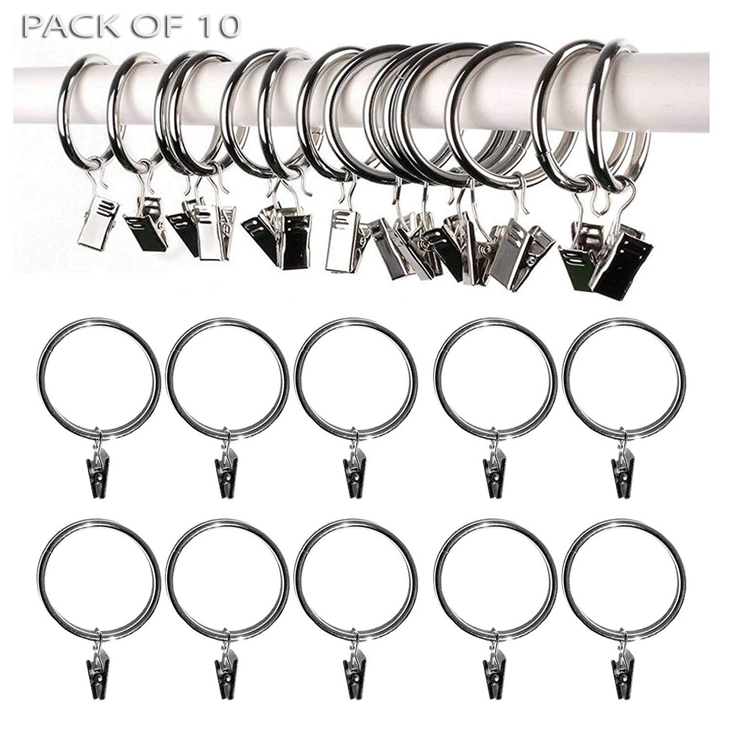 Pack of 10 Metal Curtain Rings with Clips, Pole Rod Voile Net Curtain Drapery Hanging Rings with Hooks (Silver)