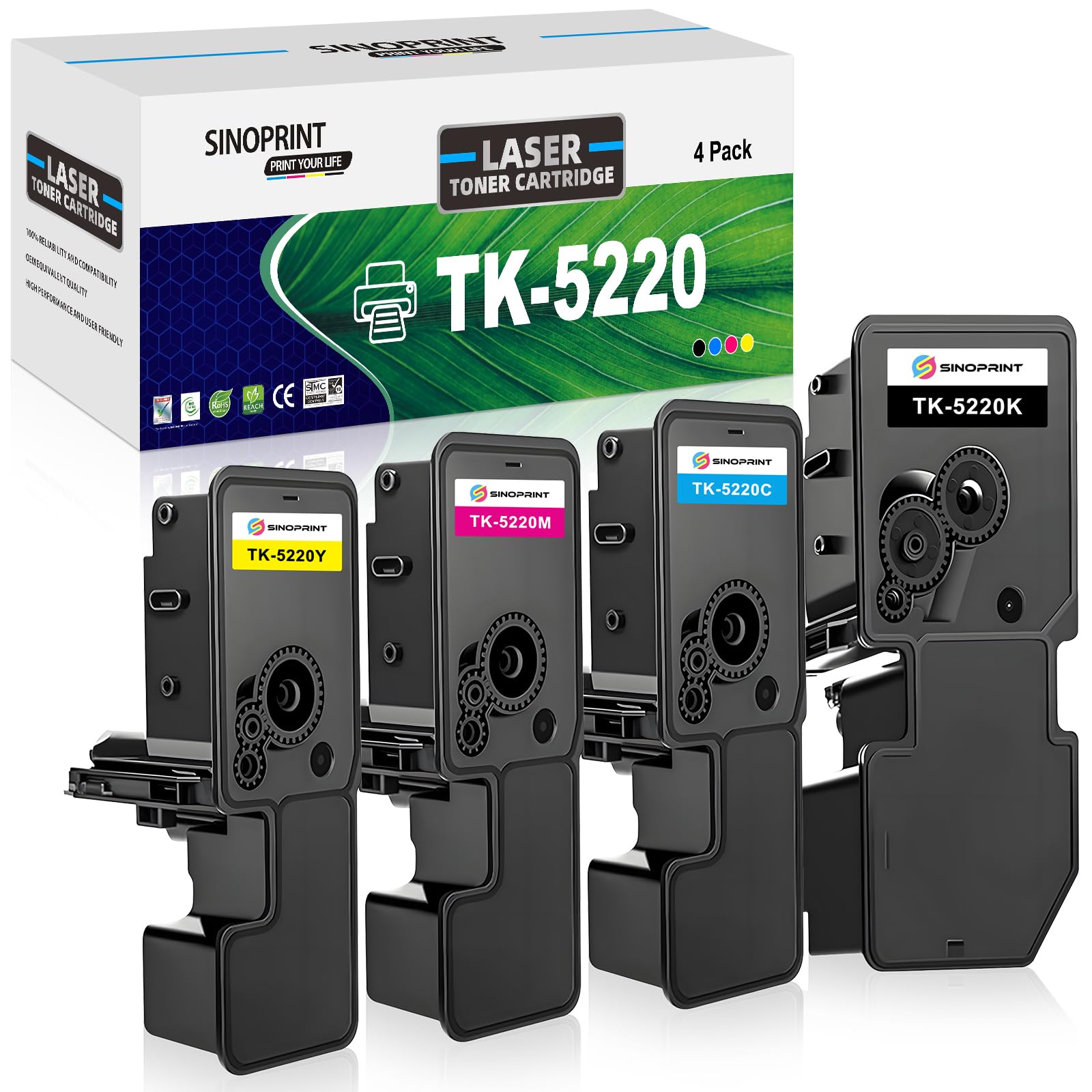 SINOPRINT Compatible Kyocera TK5220 TK-5220 Toner Cartridge 1T02R90NL1 1T02R9CNL1 1T02R9BNL1 1T02R9ANL1 for Kyocera ECOSYS M5521cdn M5521cdw P5021cdn P5021cdw Printer (4-Pack, BCMY)