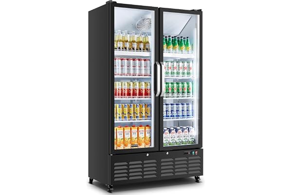 BODEGACOOLER Commercial Merchandiser Refrigerator, 27.02 Cu.Ft Double Glass Door Beverage Cooler, Upright Display Refrigerator with Soft LED Light, Adjustable Shelves, 4 Heavy-Duty Casters, Black