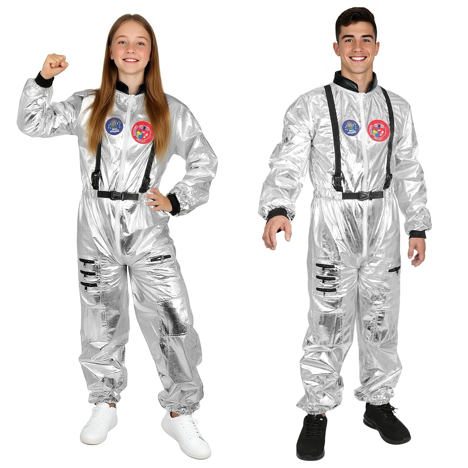 AUYAO Astronaut Costume Adult Silver Astronaut Jumpsuit Costume Men Women Spaceman Costume Space Adventure Uniform Space Cadet Fancy Dress Cosplay Halloween Party Funny Outfit Pilot Suit Outfit(M)