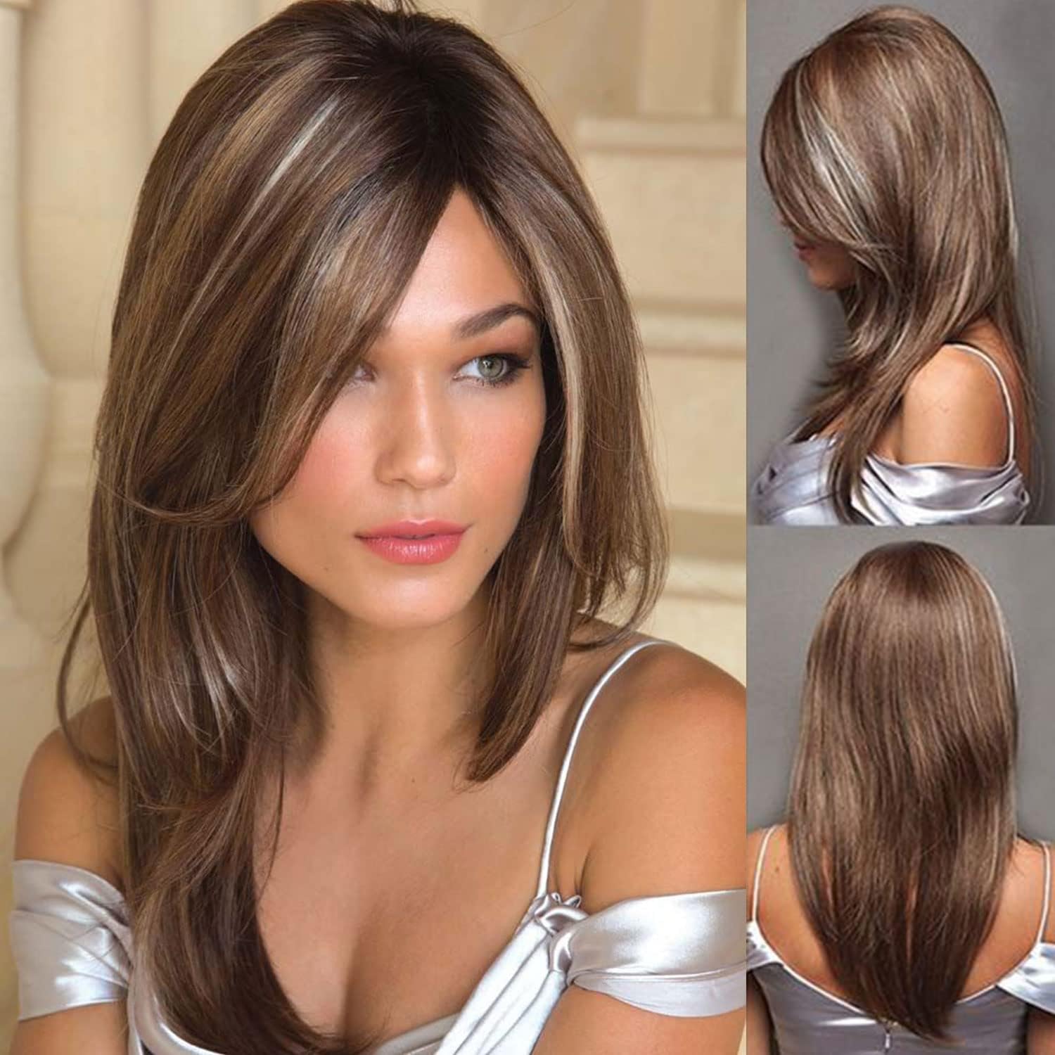 Brown Wigs for Women Synthetic Long Slight Curly Layered Wig with Fringe Ombre Color in Dark Root Wigs for Daily and Party Wear…