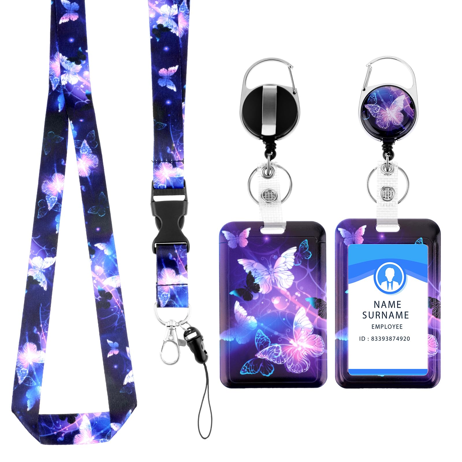 TIESOME Badge Holder with Retractable Lanyard, Butterfly Plastic Card Holder ID Protector, Fashion Neck Strap (Purple)