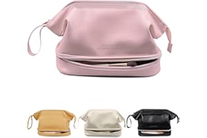 Travel Makeup Bag,Large Double Layer Cosmetic Bag,Waterproof Leather Make up Bag, Portable Toiletry Bag for Women and Girls,C