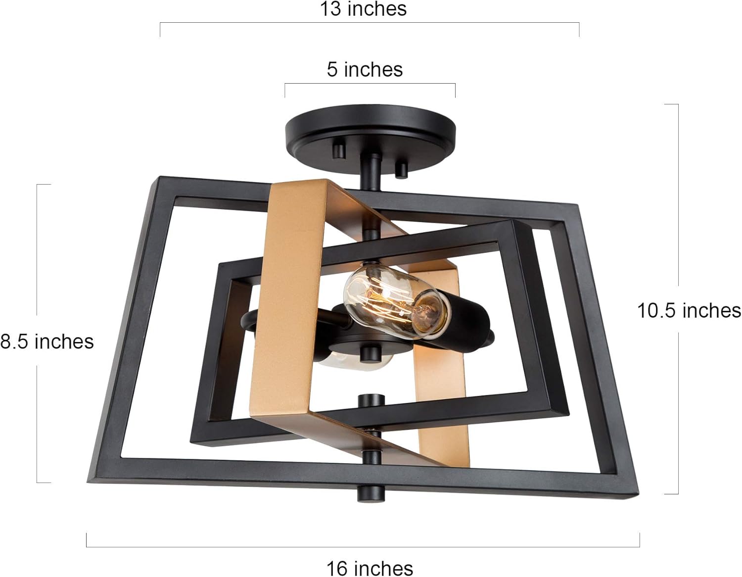 KSANA Semi Flush Mount Ceiling Light with Rotatable Frame, Modern Square Light Fixture for Bedroom, Living Room, Kitchen, Closet, Hallway, Laundry Room (Black and Dark Gold Finish) - - 