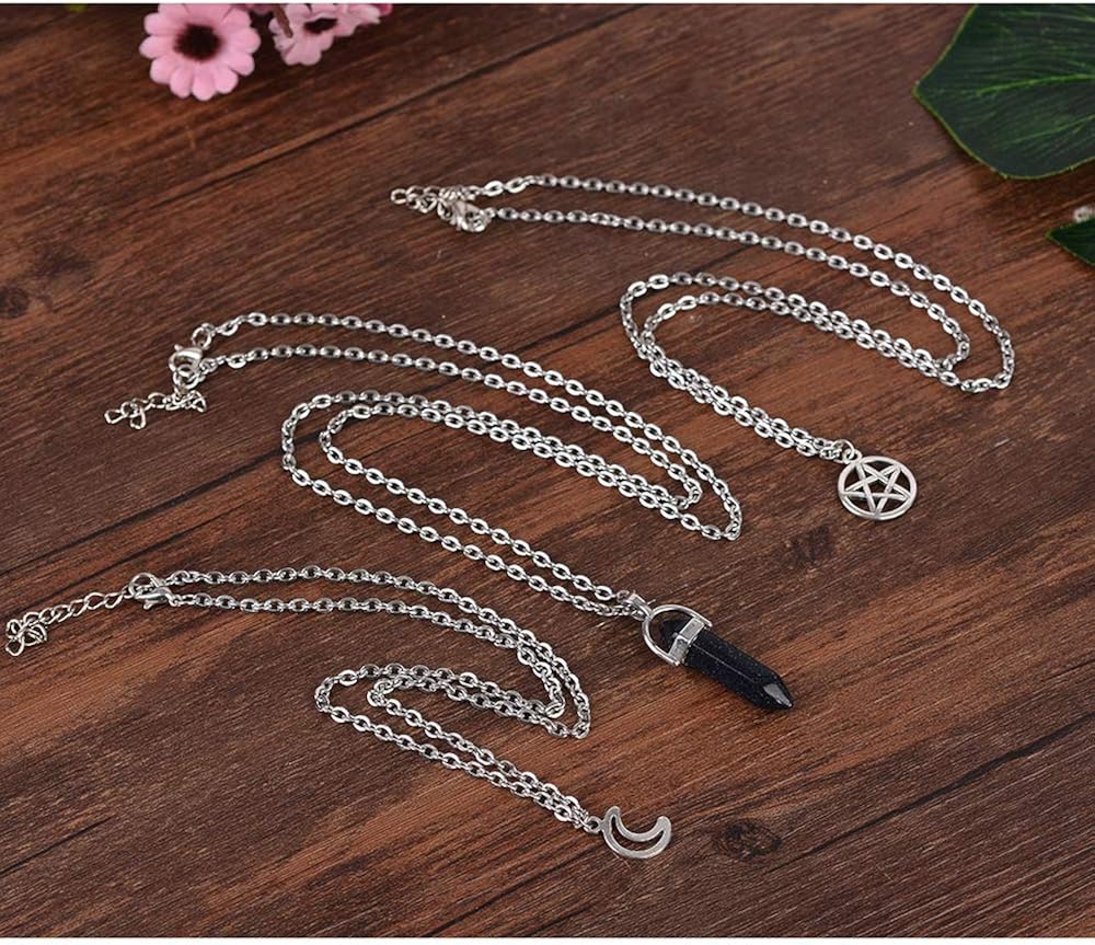 MJartoria Moon Pentagram Necklace Pentacle Chakra Charm Pendant Multi Layer Alloy Chain Choker Necklace Set Gothic Jewelry (Silver star hexagonal column-3pcs): Clothing