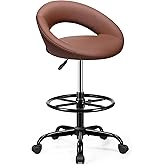 BESTFAIR Drafting Chair with Back, Height Adjustable Rolling Stool with Foot Rest, Tall 360° Swivel Stool PU Leather Chair with Wheels for Home Office, Standing Desk, Brown