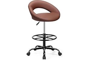 BESTFAIR Drafting Chair with Back, Height Adjustable Rolling Stool with Foot Rest, Tall 360° Swivel Stool PU Leather Chair with Wheels for Home Office, Standing Desk, Brown