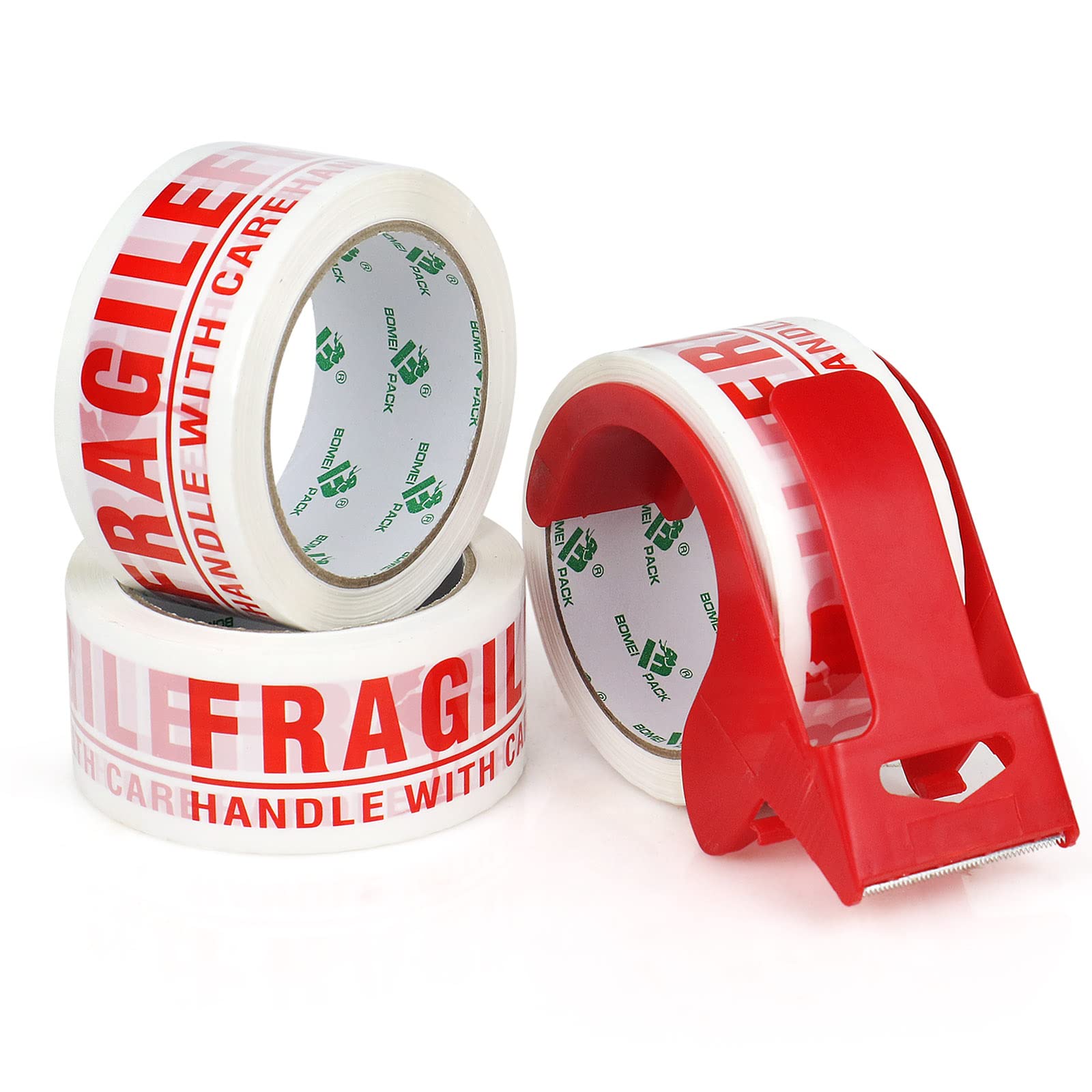 BOMEI PACK 3 Rolls Fragile printed Box Sealing Tape with1 Dispenser,Sticky Box Secure Packing Tape for Heavy Duty Fragile Moving boxes Packaging,48mic x 48mm x 66m