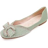 Women's Square Head Flat Shoes Fashion Glittering Rhinestone Bride Wedding Dress Shoes Comfortable Non Slip Slip on Walking Shoes