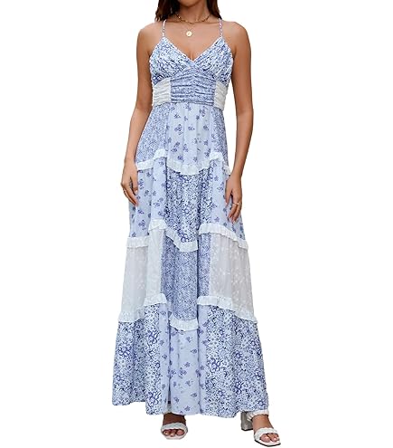 Floral Maxi Dress, Women Floral Maxi Dress Lace Patchwork Spaghetti Strap V Neck Beach Dre-Ss (Pink