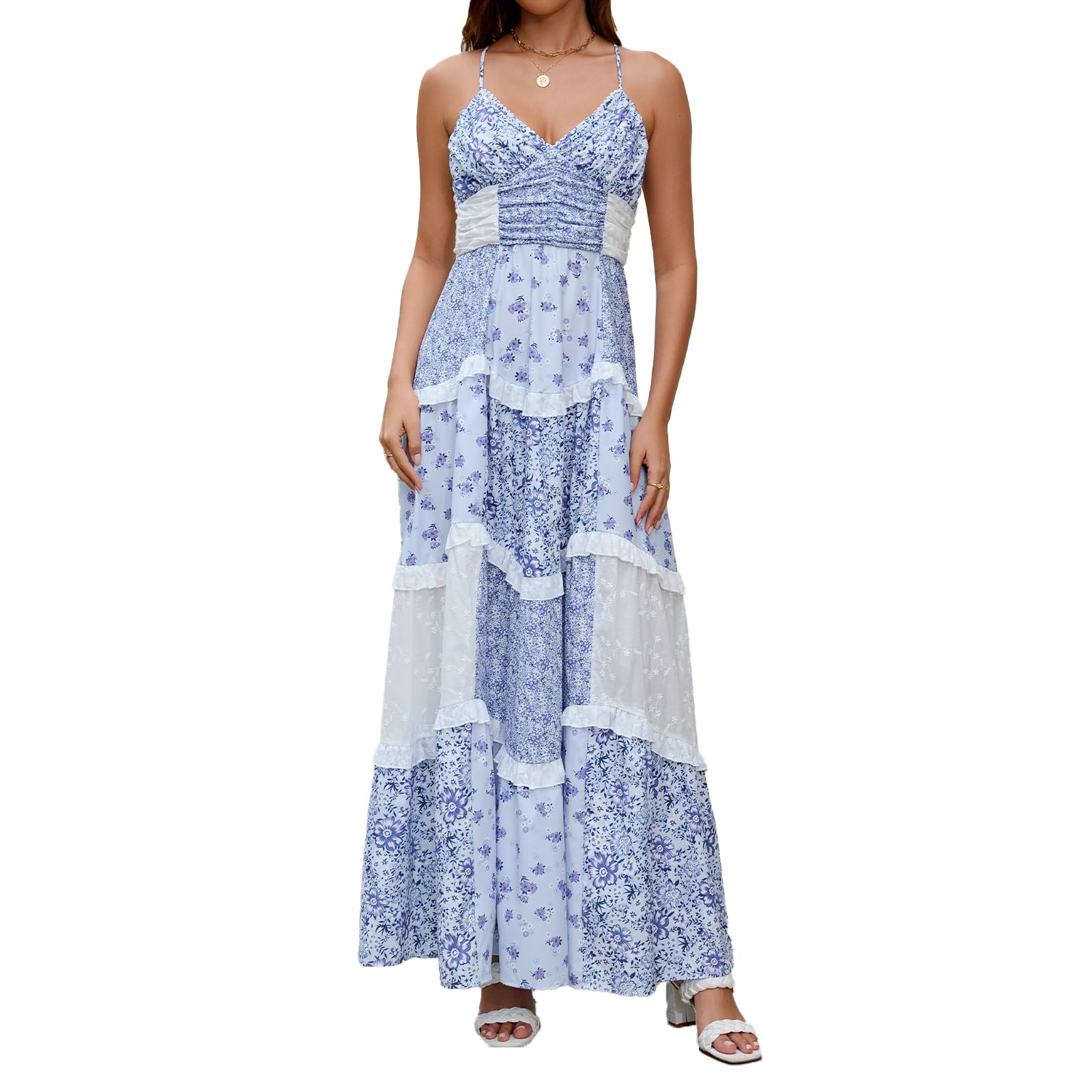 Photo 1 of *MINOR DAMAGE - USED*
ABYOVRT Women Floral Maxi Dress Spaghetti Straps V Neck Patchwork Flowy Boho Sundress Tiered Long Dresses (Blue,L)