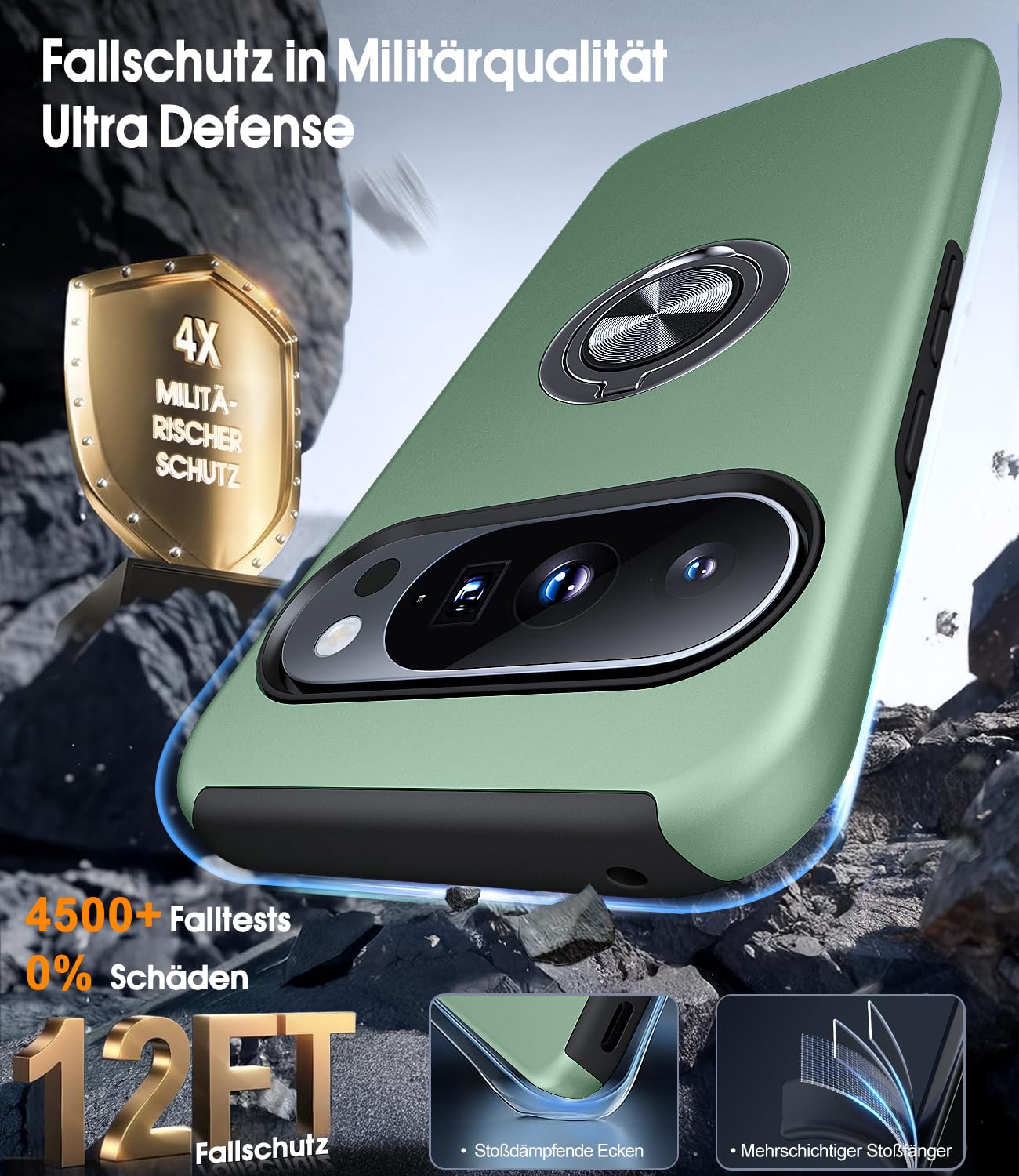 AOUIA für Google Pixel 10 Pro XL Hülle mit 2 Stück Schutzglas, 360°Ring Ständer, Stoßfeste Schutzhülle, 3-in-1 Handyhülle für Pixel 10 Pro XL, Grün 3