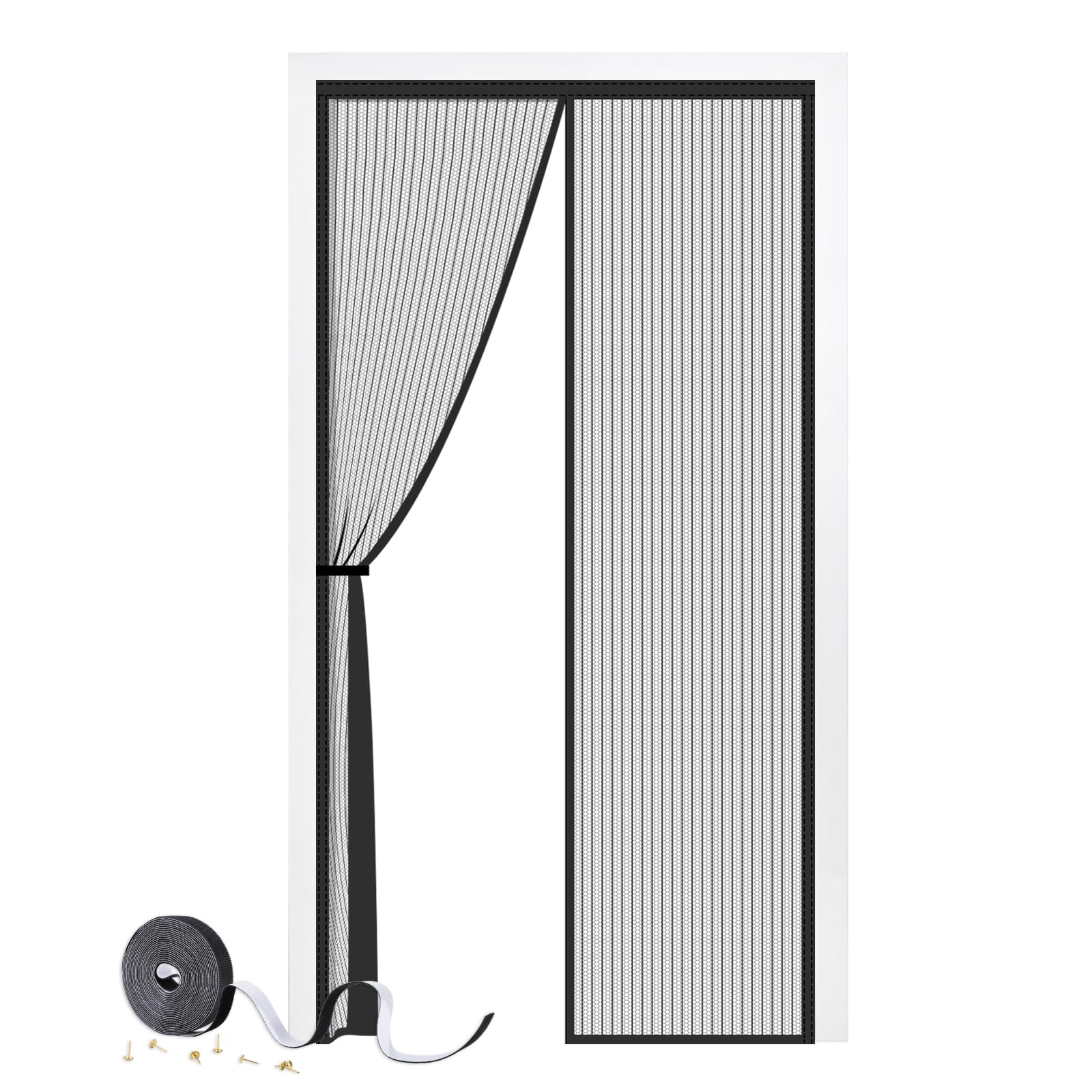 Magnetic Door Screen, SMALUCK Heavy Duty Fly Door Screen Mesh with Powerful Magnets, Durable Mesh Curtains Keeps Bugs Out, Frame Hook & Loop, Kid and Pet Friendly (80 x 200 cm, Black)