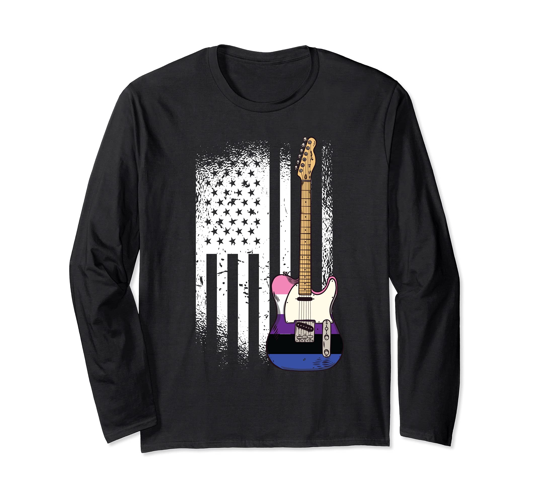 American Flag Guitar Gender-fluid Pride LGBTQ Ally Guitarist Long Sleeve T-Shirt