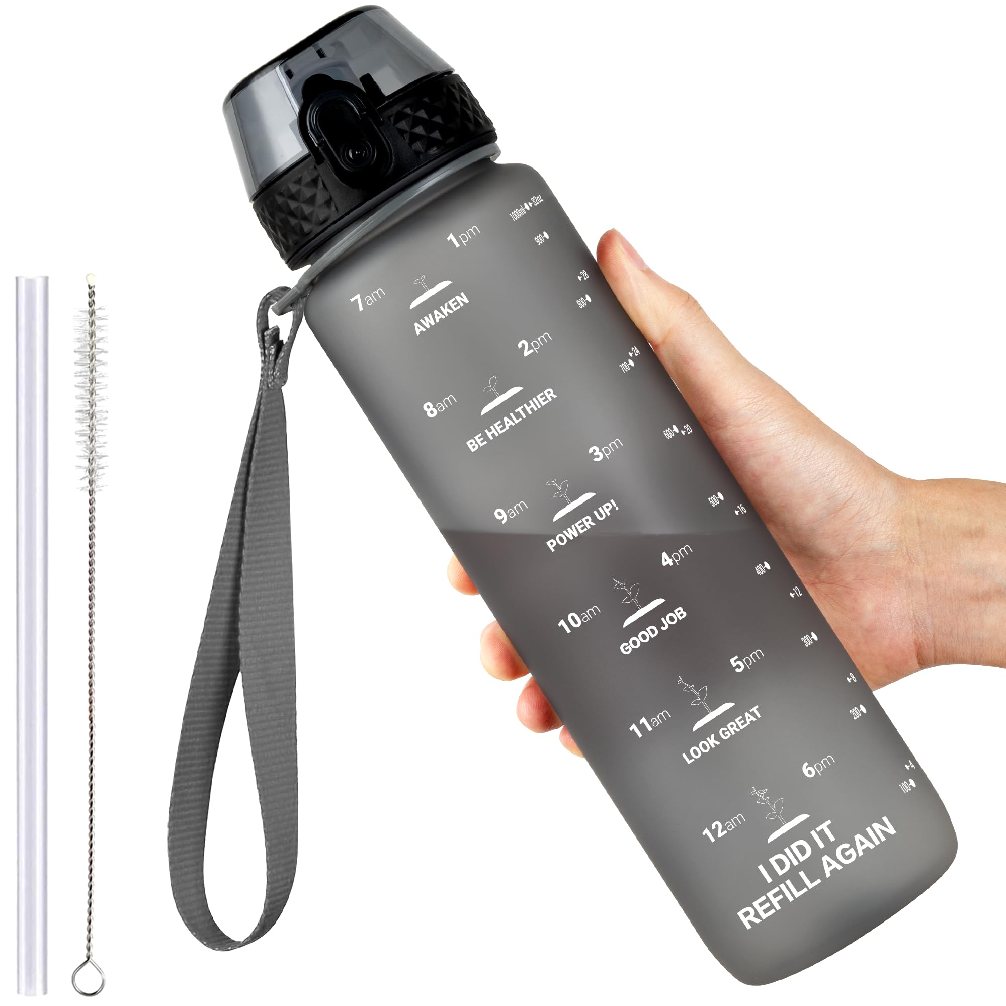 GOPPUS 1L/32oz Tritan Water Bottle with Straw-Soft Matte Finish Leakproof Drink Bottle with Measurements Bottles with Flip Top Motivational Bottles with Time Marks for Adults BPA Free (Gray)