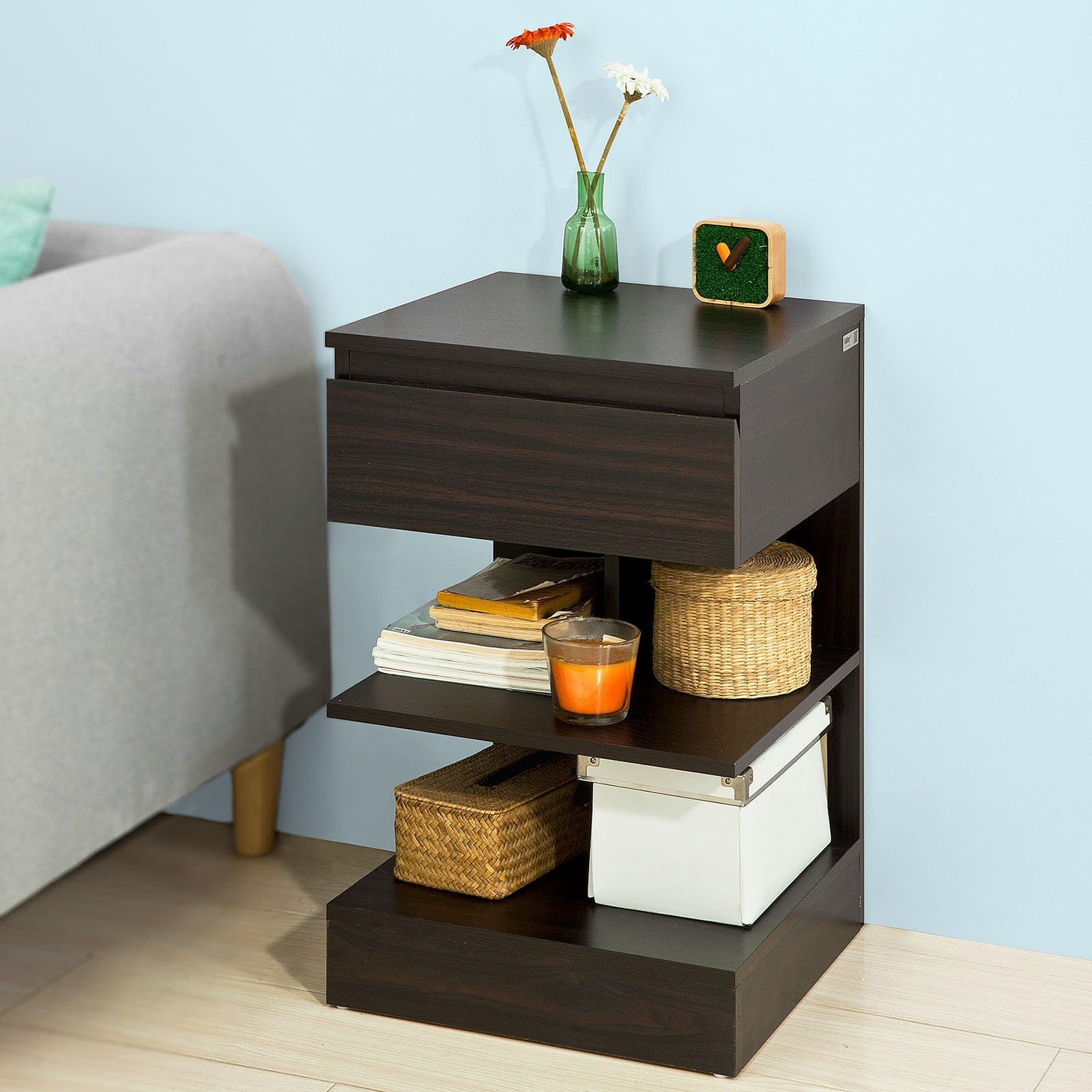 Haotian FBT49-BR, Brown Beside Table with 1 Drawers, Night Table Stand Lamp Table End Table Side Table