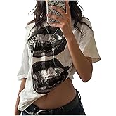 RoseSeek Women's Off The Shoulder Tops Short Sleeve Lip Graphic Tees Retro Y2K Summer T Shirts