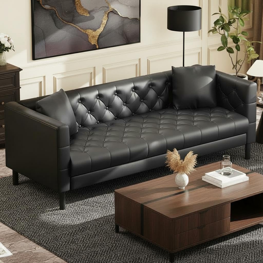 Photo 1 of ****PARTIAL SET, MISSING COUCH ARMS **** GarveeHome 81 in Leather Couch for Living Room, Modern Leather Sofa with Deep Seat, Handmade Button Tufted 3 Seater Sofa, Chesterfield Couch for Apartment, Office, Black