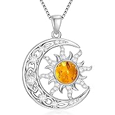 MILKYX Celtic Knot Crescent Moon and Sun Necklace, 925 Sterling Silver Natural Amber Pendant, Mystical Celestial Jewelry Gift for Women
