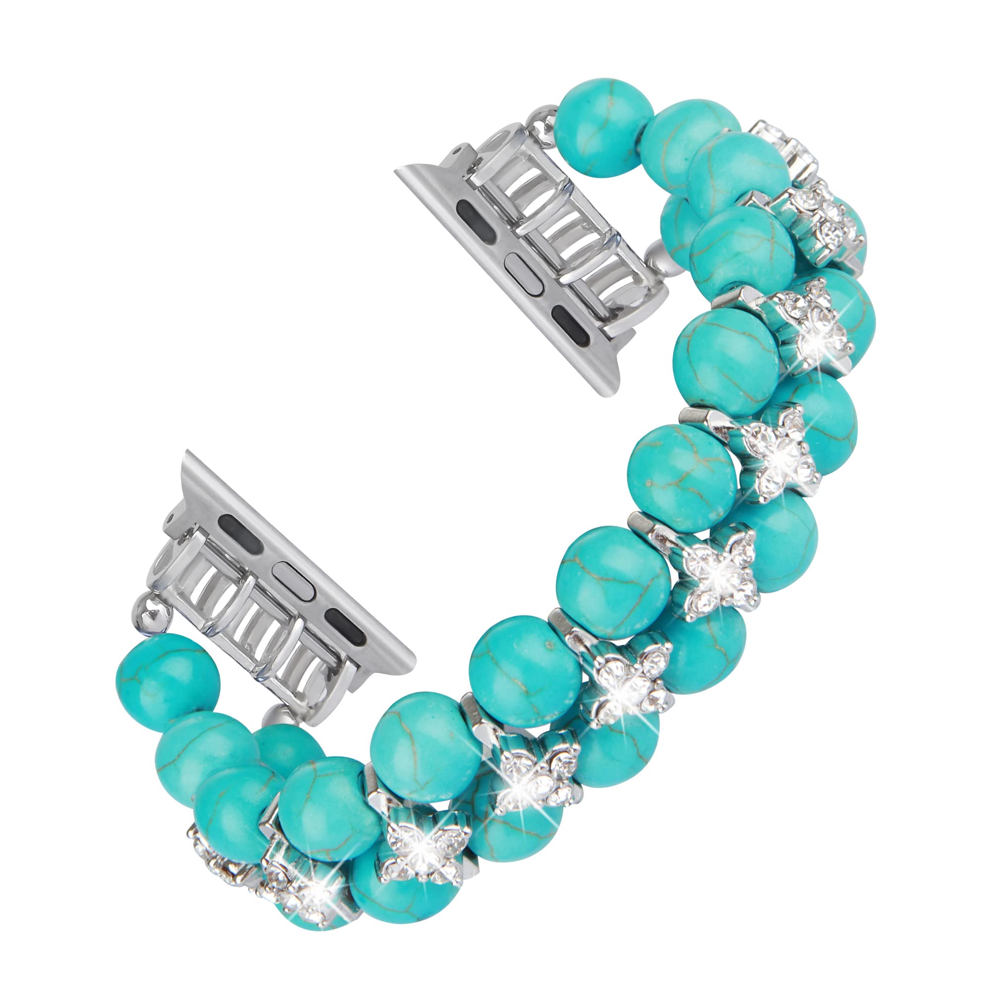 GEMEK Pearl Bracelet Compatible with Apple Watch Strap Women 38/40/41mm iWatch Strap Series 9/8/7/6/5/4/3/2/1, Artificial Elastic Stretch Bling Diamond Jewelry Wristband Replacement Band (Turquoise)