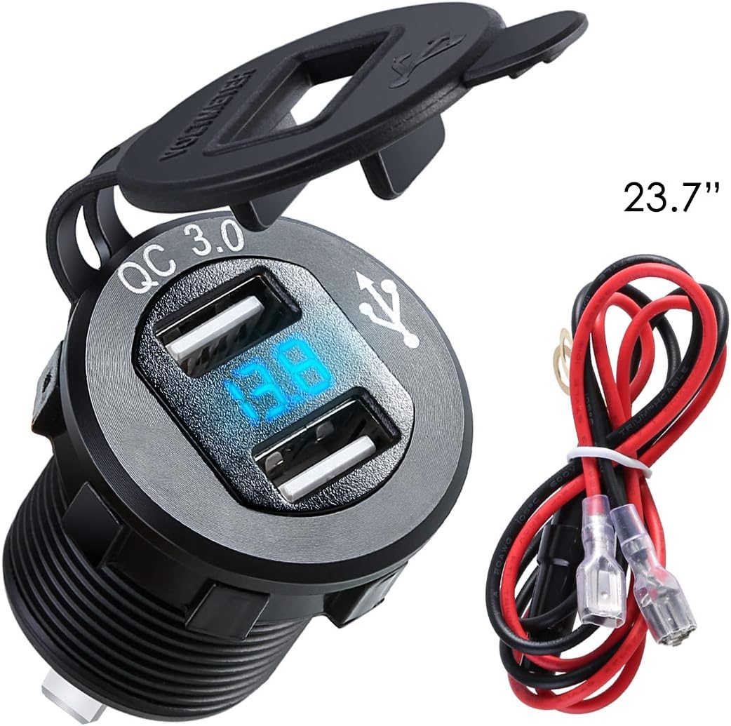 Amazon Com Dual Usb Charger Socket Power Outlet With Digital Voltmeter Qc 3 0 5v 1 5a Dual Usb Port With Led Voltage Meter Display For 12v 24v Marine Car Motorcycle Motorcycle Accessories