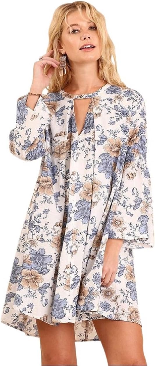 Umgee USA Boho Floral Print Hippie Dress Tunic with Keyhole Neckline and Bell Sleeves (Small, OFF WHITE MIX R7204)