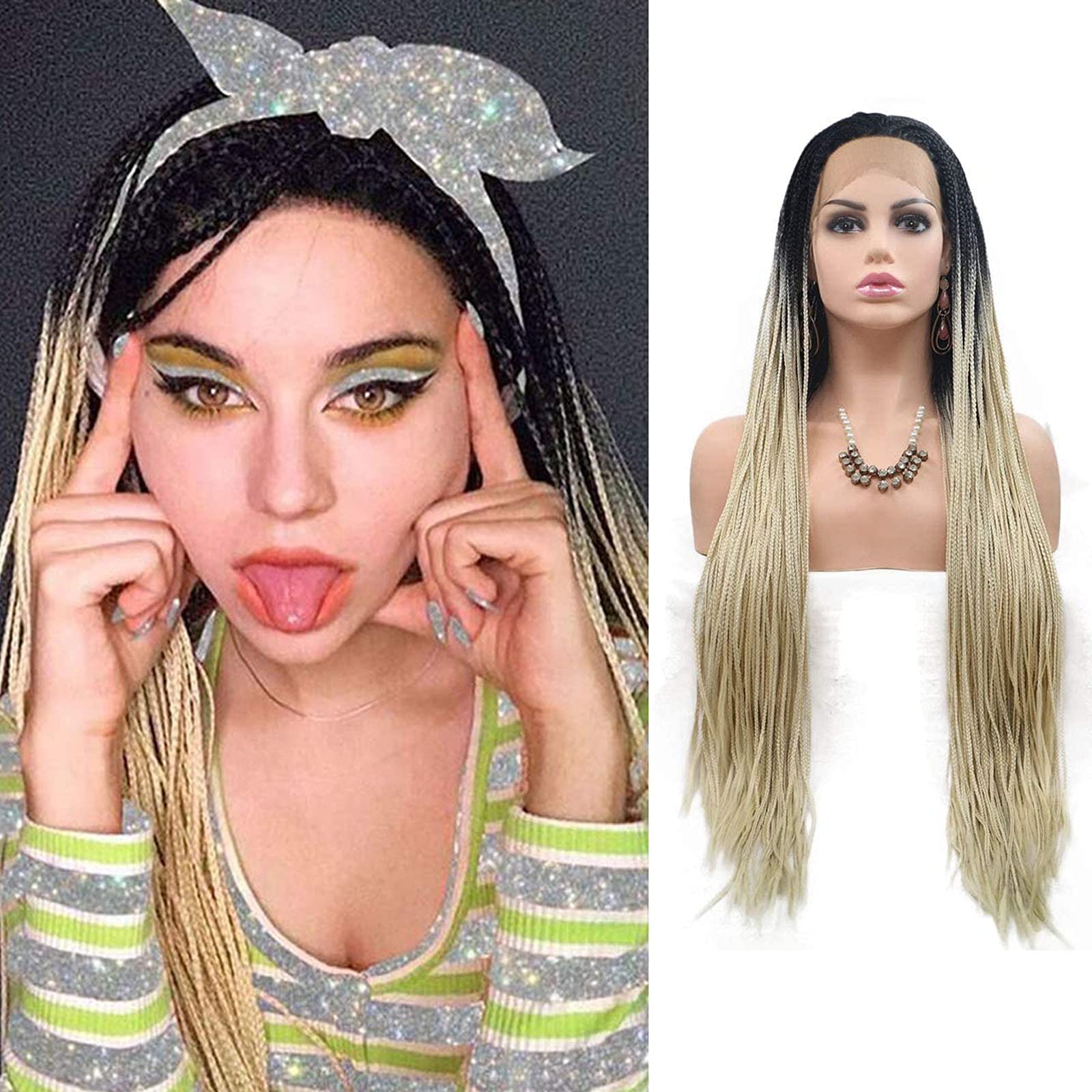 Micro Braided Lace Front Wigs for Black Women Black Ombre Blonde #613 Braiding Wigs With Baby Hair Long Braided Wig Synthetic Heat Resistant Fiber Box Braids Wig 26Inch