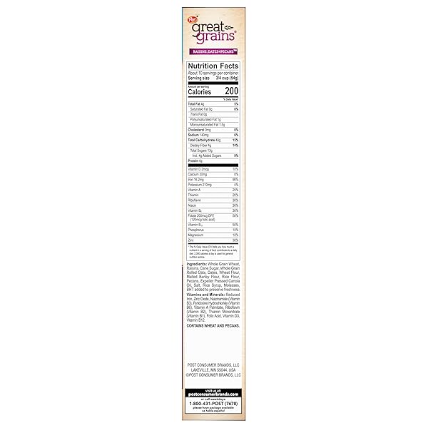 GREAT GRAINS RAISINS, DATES & PECANS BREAKFAST CEREAL FOR ADULTS, CRUNCHY CLUSTERS WITH DRIED FRUIT AND NUTS, NON-GMO, HEART HEALTHY, 19 OZ BOX