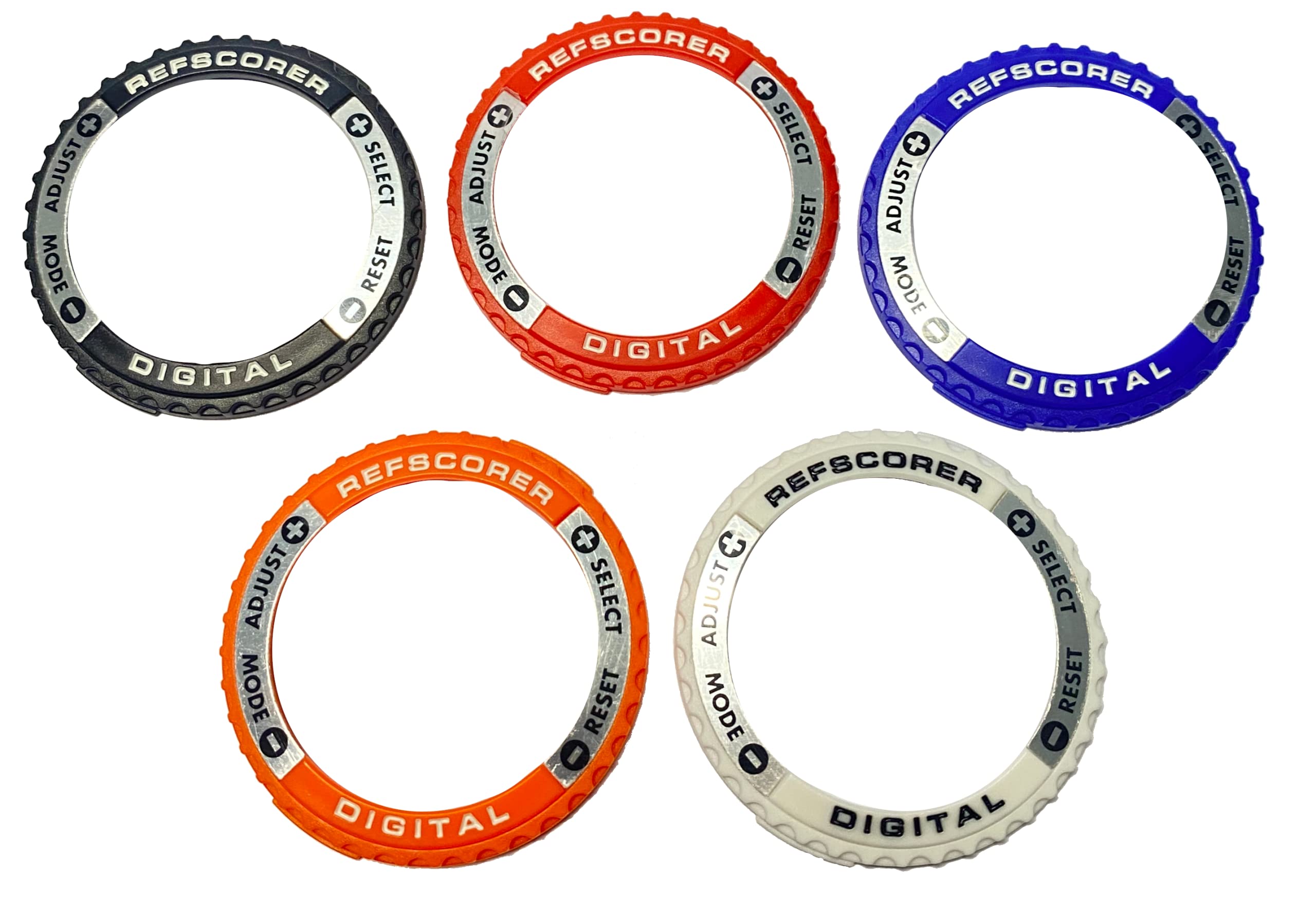 RefStuff RefScorer A 5 Pack Interchangeable Top Ring Bezels for the Digital NEW v2.021 Referee Watch Pack A (Original Silver Black, Red, Navy Dark Blue, Orange and White)